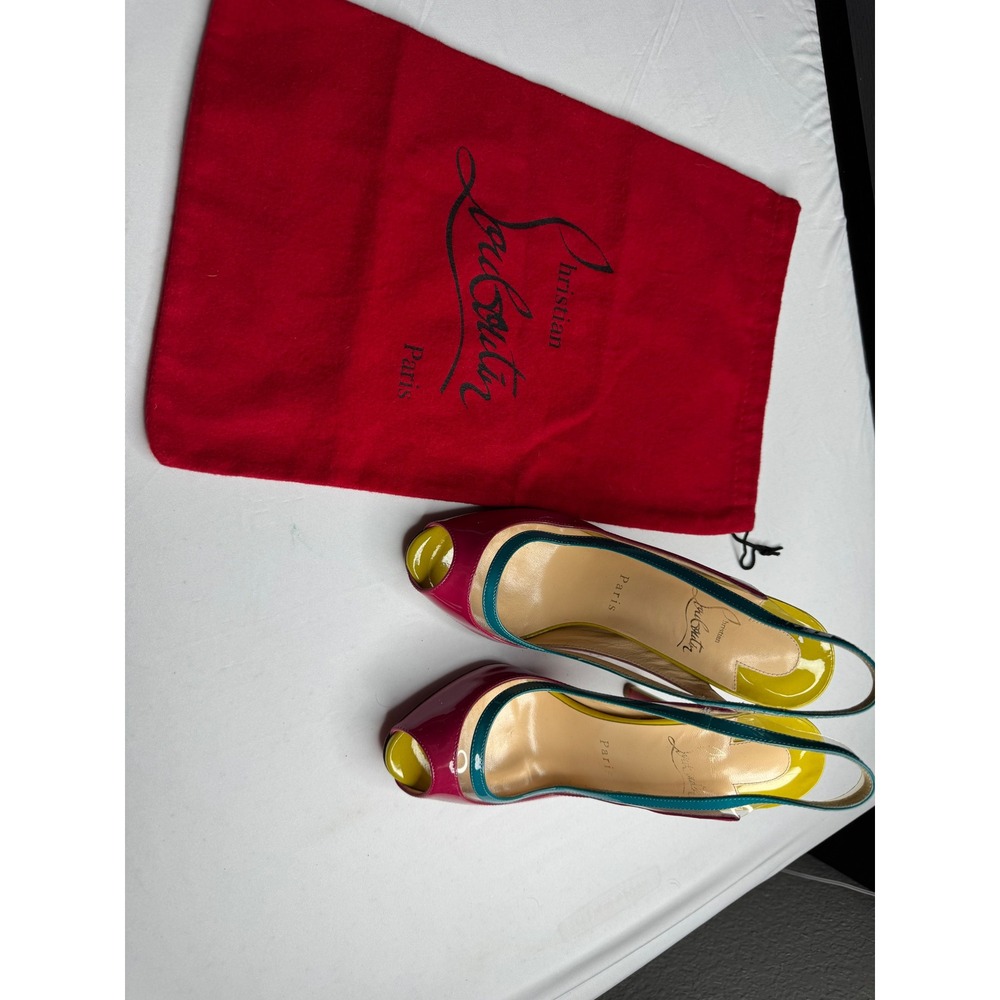Christian Louboutin Colorblock Patent PVC Slingback Peep Toe Pumps Heels 37